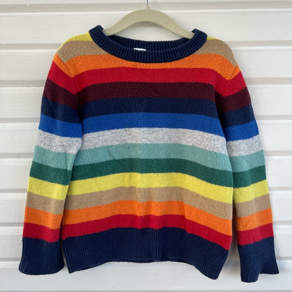 Colorful striped crewneck sweater.